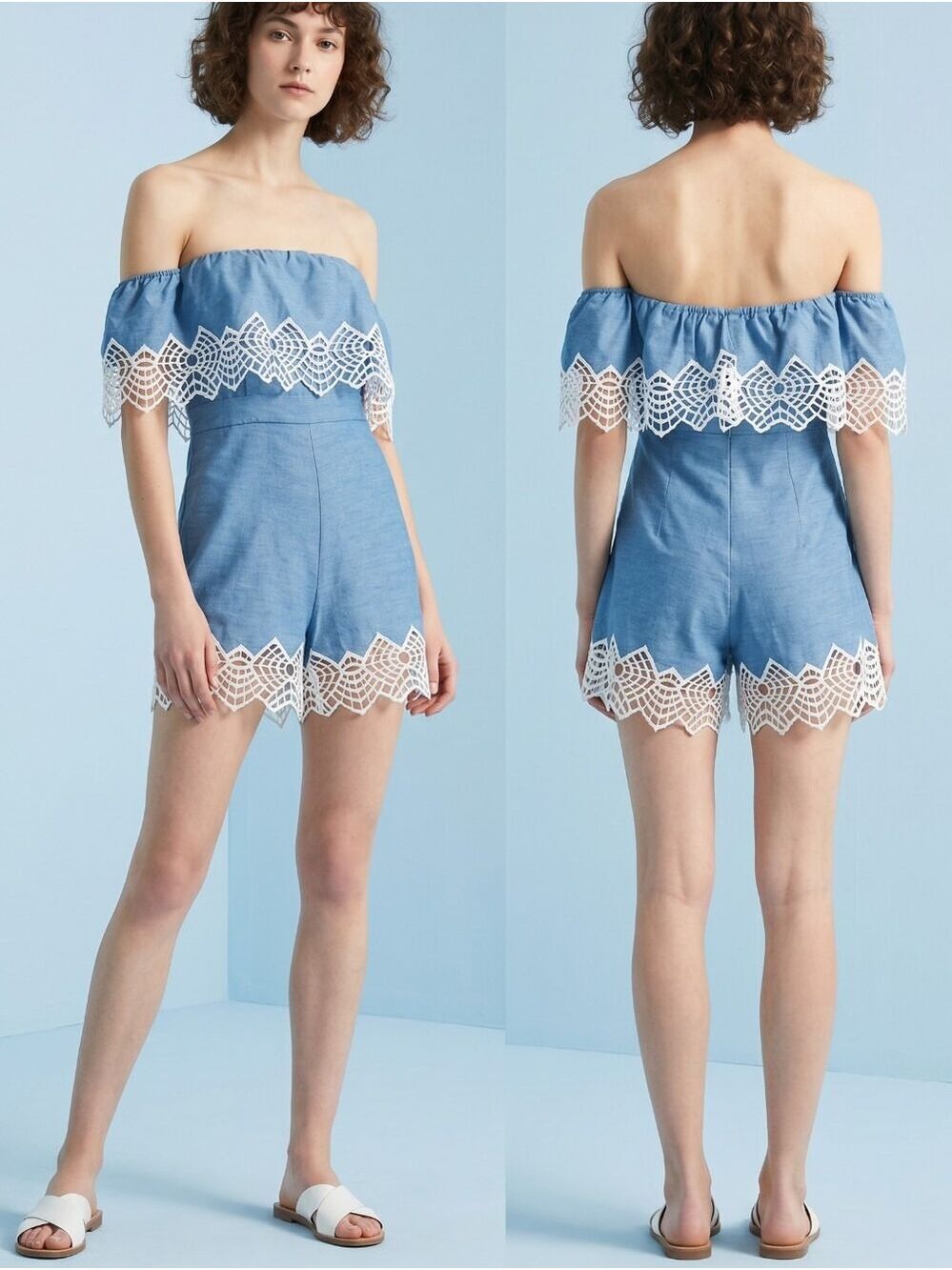 Bardot Chambray Runaway Off-Shoulder Lace-Trim Romper - Light Blue